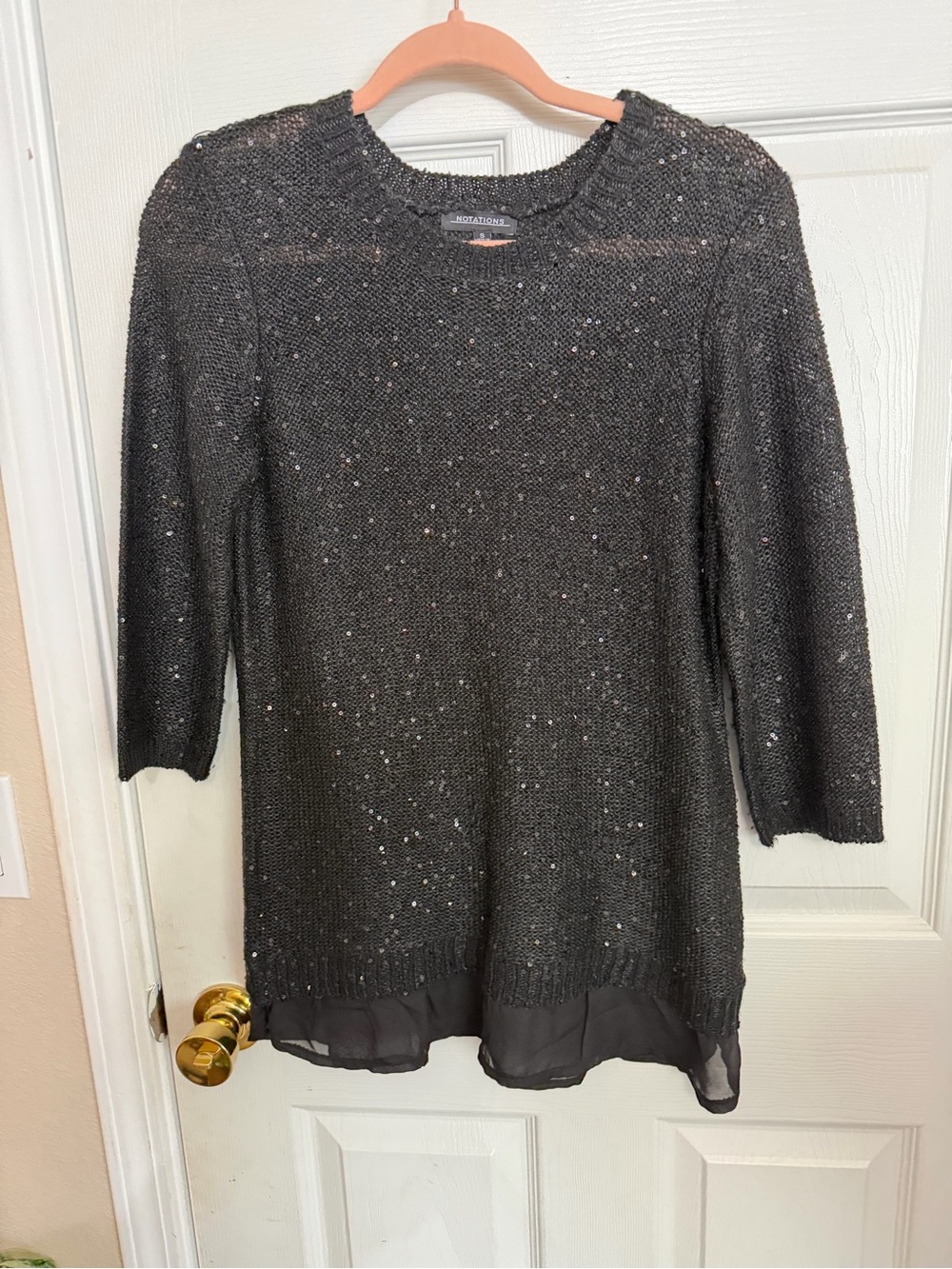 Notations Black Sequin Knit Sweater with Chiffon Hem Trim